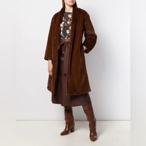 Vince Belted Faux Fur Coat In Mahogany